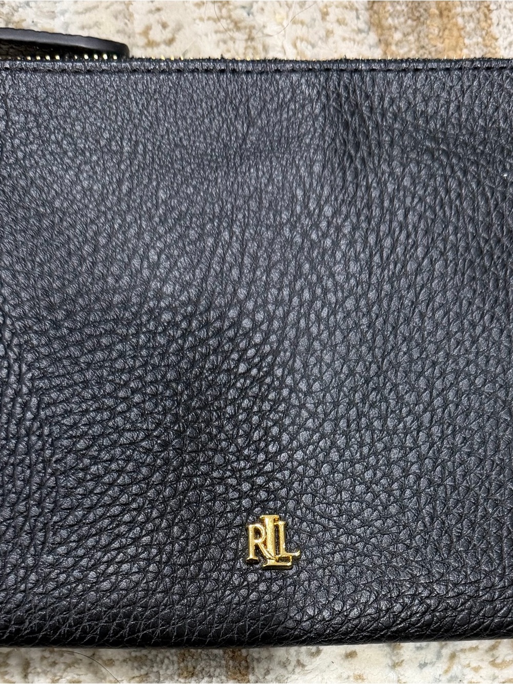 Ralph Lauren Black Pebbled Leather Wristlet with Gold RL Logo